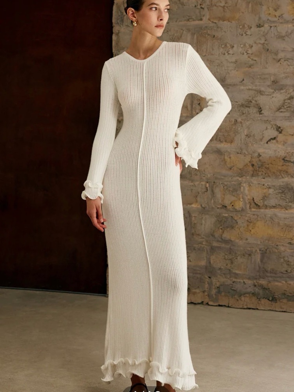 Commense Semi-Sheer Piping Ruffle Drawstring Knit Dress